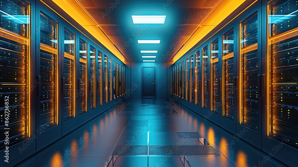 Poster Servers in the modern data center, in the style of dark cyan and light amber. Generative AI.