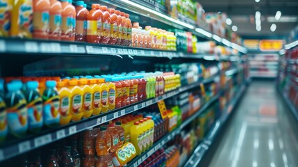 Fototapeta premium Juice Bottles Displayed on Supermarket Shelf