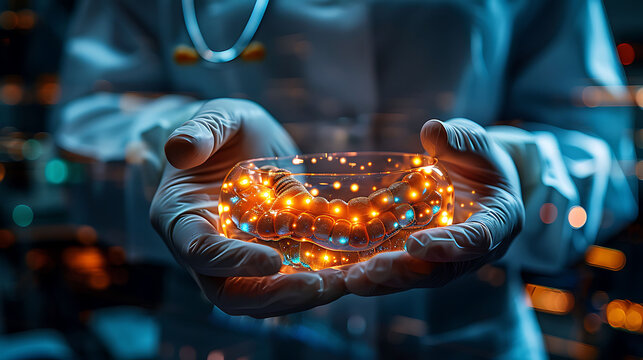 Closeup of doctor hand in gloves holding a glowing wooden jejunum model showing the plicae circulares and villi