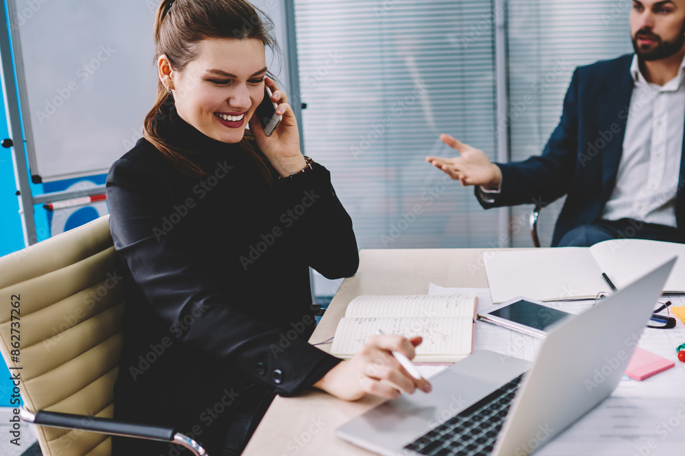 Aufkleber successful female manager checking database on laptop computer and calling to client to discussing p