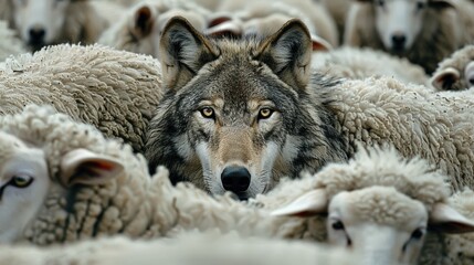 Obraz premium Wolf Amidst the Sheep, a Single Predator Lurking in a Flock of Prey, Its Yellow Eyes Piercing the Calm