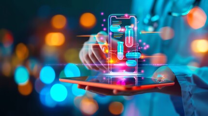 Futuristic healthcare technology concept with a doctor holding a tablet and a holographic interface showing medical data.