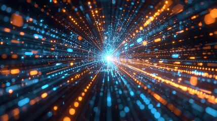 Naklejka premium Abstract Digital Tunnel with Blue and Orange Lights Creating a Dynamic and Futuristic Visual Effect