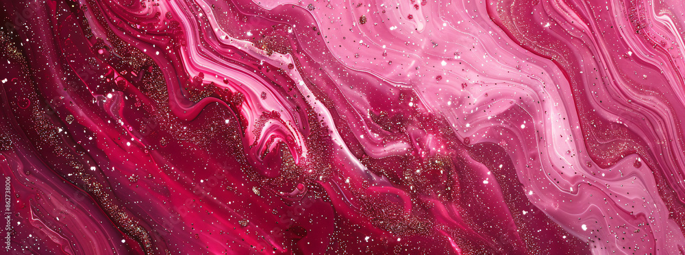 Poster a beautiful abstract background of pink and red marble texture with glittery swirling patterns and s