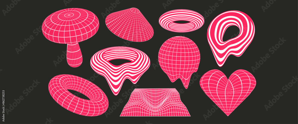 Aufkleber brutal pink wireframe and grid elements in y2k style. trendy cyberpunk tech shape forms. vector desi