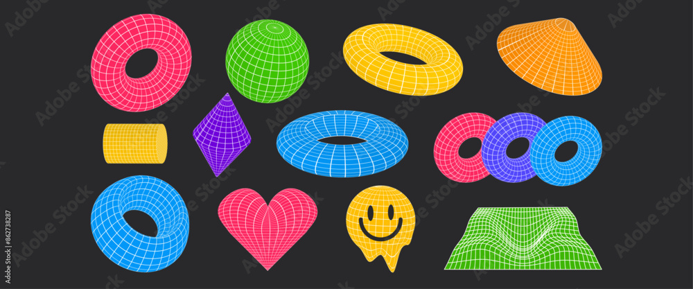 Poster techno futuristic shape wireframes in different shapes. acid rave geometry elements for banner, post