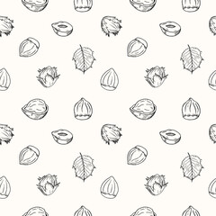 Hazel Nut Seamless Pattern. Repeating background with engraved hazelnut plant, fruits, shell. Ornament for paper, wrapping, print, card. Hand drawn ink vector sketch. Food, organic ingredient