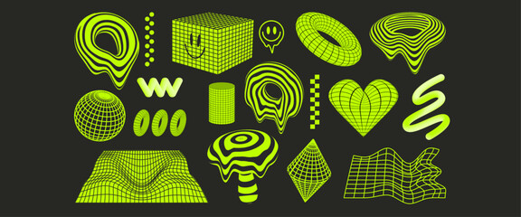 Collection of 18 trendy y2k neon green shape elements: cyberpunk wireframes and grids, abstract background, 3d elements, trendy patterns in psychedelic acid rave style. 