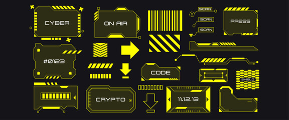 Naklejka premium Sci-fi futuristic hud elements in cyberpunk style. Collection of virtual reality displays, process bars and computer user interface windows. 