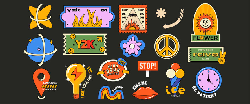 Naklejki Bright trendy y2k sticker collection. Colorful label shapes with quote patch bundle. 90s funny comic elements.