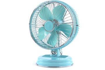 A sky blue portable fan with a sleek design, isolated on a white background