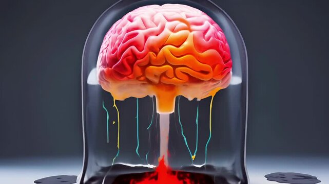 A colorful brain model encased in a glass dome with vibrant neural connections extending downwards. Dopamine fasting mental health digital detox motion concept