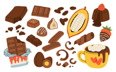 Cocoa and chocolate world day cartoon set. Sweet candies and chocolate bar, egg, cocoa pod with beans, strawberry in chocolate, fondant with raspberry on top, mug with hot chocolate and marshmallows.