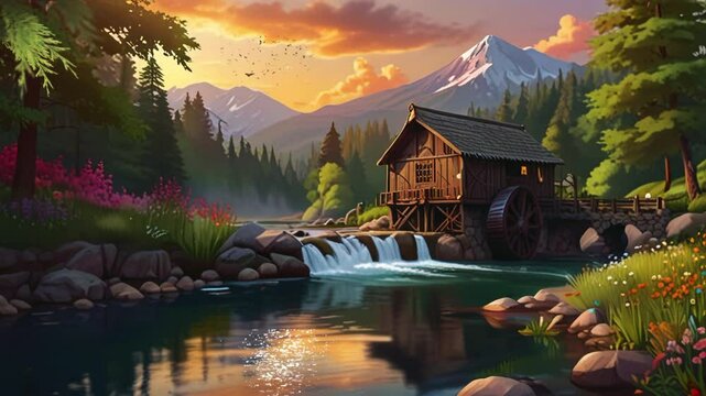 wooden house and watermill next to a river and forest with mountains in the background, in anime or cartoon style. Seamless looping 4k video animation