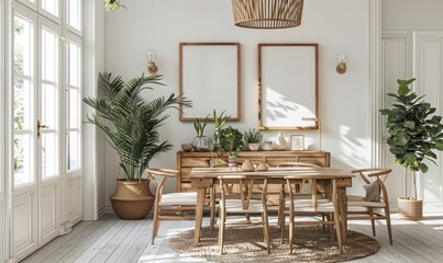 Bright dining room with a mockup frame on the buffet