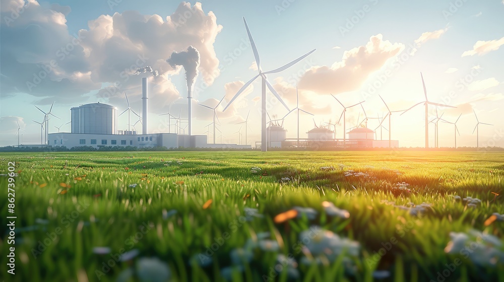 Poster on the grass in the distance are many modern technology factories that use clean energy for heating.