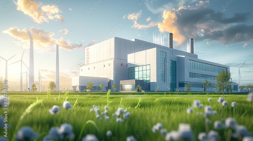 Poster on the grass in the distance are many modern technology factories that use clean energy for heating.