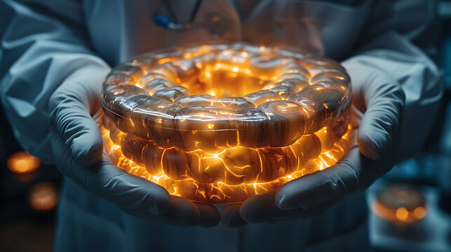 Closeup of doctor hand in gloves holding a glowing wooden jejunum model showing the plicae circulares and villi