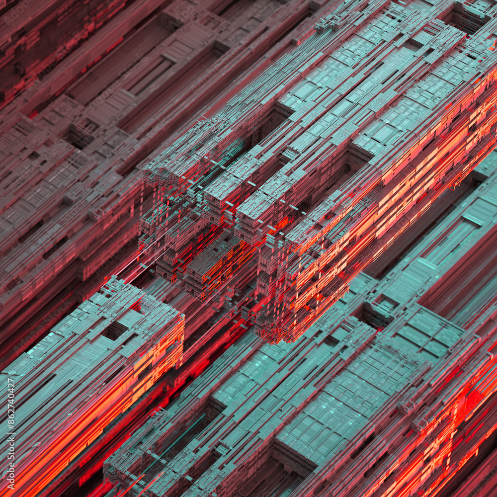 Aufkleber futuristic cybernetic structure with teal and red hues, featuring intricate geometric patterns and a
