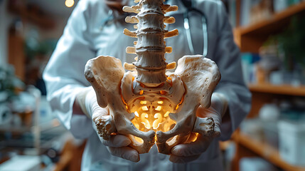 Fototapeta premium Closeup of doctor hand in gloves holding a glowing wooden pelvis model
