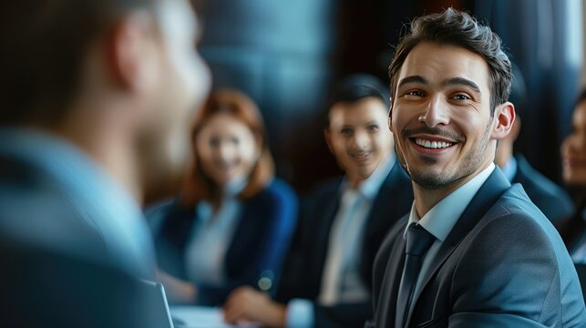 Business professionals in a meeting, smiling and engaged in discussion. Corporate teamwork and collaboration in a modern office setting.
