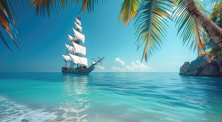 Summer landscape with pirate ship sailing, Clear sky, palm tree. Generative AI.