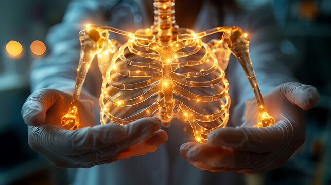 Closeup of doctor hand in gloves holding a glowing wooden clavicle model highlighting the collarbone's connection to the shoulder and sternum