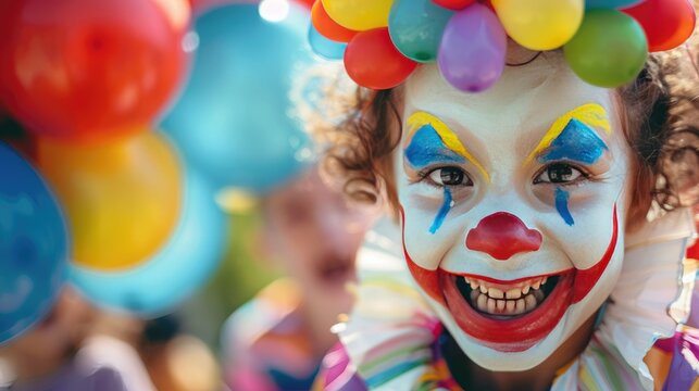 Happy child dressed as a colorful clown with face paint, smiling at a festive outdoor party with bright balloons.