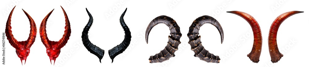 Wall mural set of devil demon satan horn on transparent background cutout. png file. many different pair of des