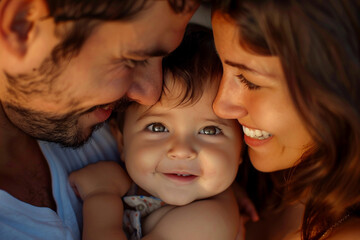 Happy full young family members with kids resting by the beach summer vacation time, Generative AI