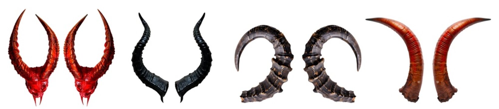 Set of devil demon satan horn on transparent background cutout. PNG file. Many different pair of design. Mockup template for artwork design