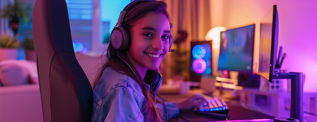 A smiling teenage girl wearing headphones sits at her gaming desk in front of two monitors and plays an online video game with her friends