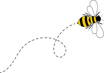 Bee flying path. A bee flying in a dotted line. The flight path of bee. Bee flying on a dotted route. Hand drawn bees. Vector illustration.