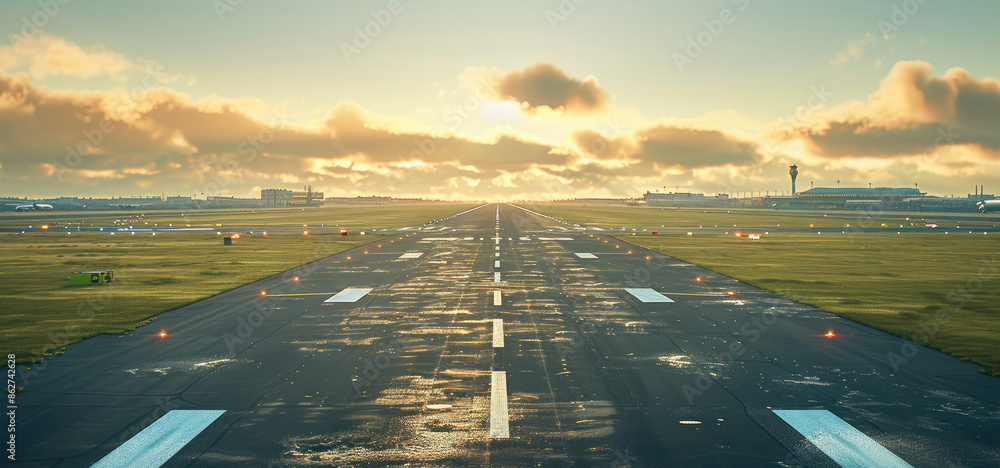 Poster A airport runway, with the runway running tangentially horizontally from left to right across the image. Generative AI.
