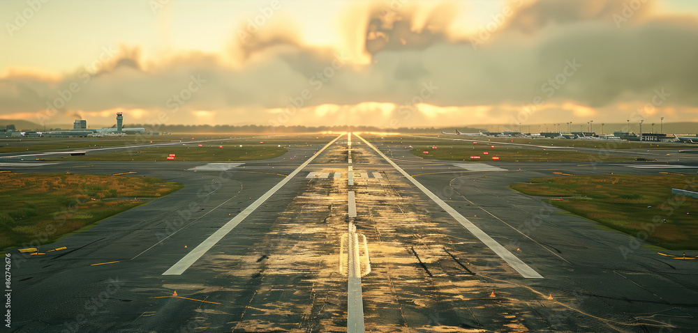 Aufkleber A airport runway, with the runway running tangentially horizontally from left to right across the image. Generative AI.
