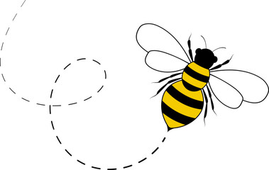 Bee flying path. A bee flying in a dotted line. The flight path of bee. Bee flying on a dotted route. Hand drawn bees. Vector illustration.