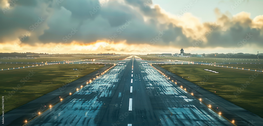 Poster A airport runway, with the runway running tangentially horizontally from left to right across the image. Generative AI.