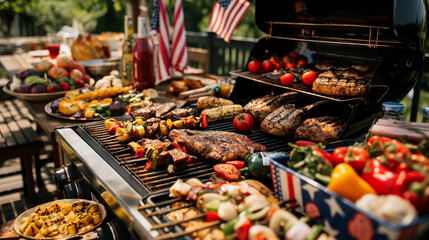 A festive BBQ grill setup in a backyard, complete with an array of delicious grilled meats and vegetables, adorned with American flag decorations.