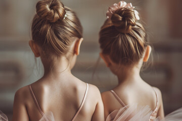 Generative AI picture of beautiful children preparing ballet dance school performance in stage ballroom gown