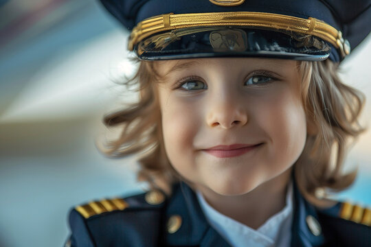 AI generated picture of cute charming kid wear airplane captain suit pilot career - Powered by Adobe
