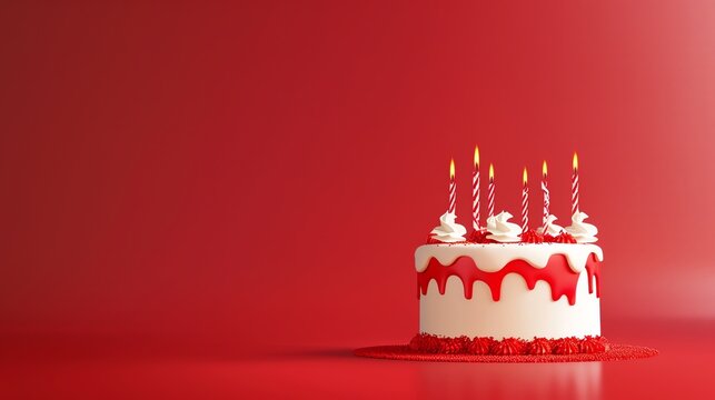 A red velvet cake with candles on a red background.