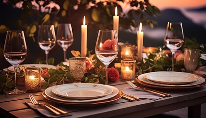 Fototapeta premium Romantic dinner setup with candles and wine glasses.