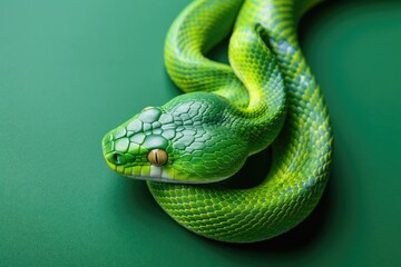 Fototapeta premium Vivid Green Snake on Solid Green Background. Icon of the Chinese Zodiac for 2025 Year of the Snake.