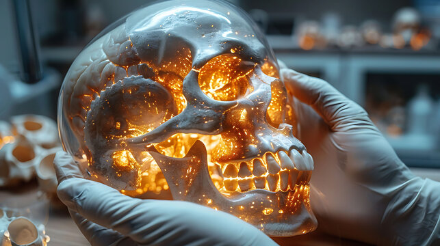 Closeup of doctor hand in gloves holding a glowing wooden maxilla model highlighting the upper jaw's structure and connection to the facial bones