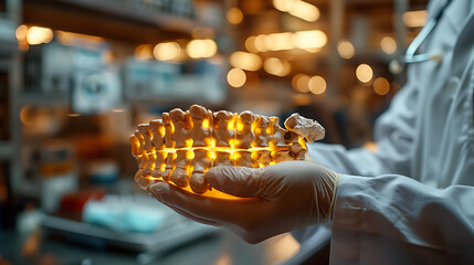 Obraz premium Closeup of doctor hand in gloves holding a glowing wooden vertebra model highlighting the structure and function of the spine