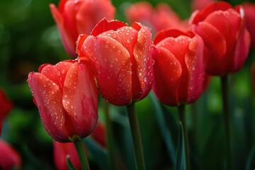 red tulips in greenhouse vibrant closeup soft natural light dewdrops on petals lush botanical setting