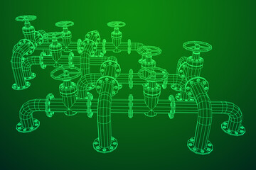 Oil pipeline with valve. Petrol production. Petroleum fuel industry transportation line. Wireframe low poly mesh vector illustration