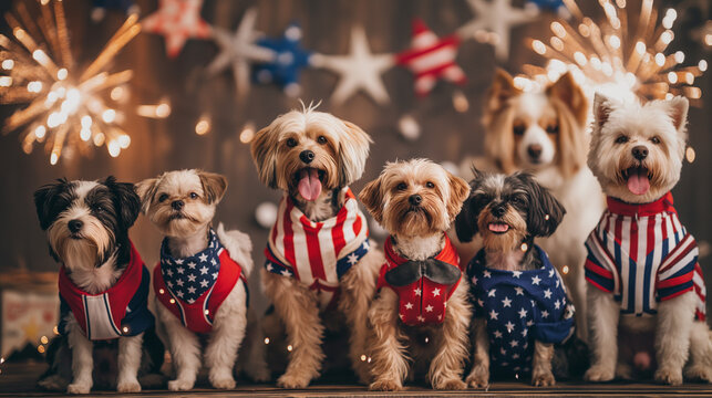 A group of dogs in various American flag outfits, posing together for a festive 4th of July photo, with a backdrop of fireworks and patriotic decorations. Pet fashion and national
