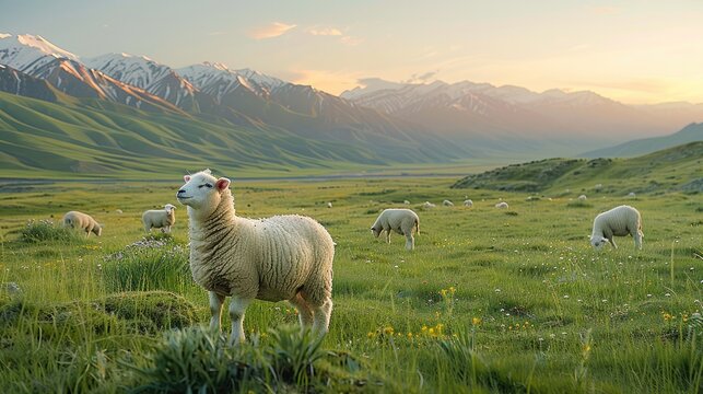 On the vast green grassland, the grassland is flat and open, a few fat lambs are grazing, the pale pink sky on the hillside in the distance, the unmelted snow-capped mountains. Generative AI.