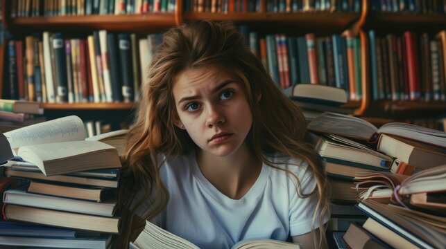 The close up picture of the caucasian girl reading the book inside the library that has been surrounded with the pile of the book, the library require quite, respectful, mindful to the other. AIG43.